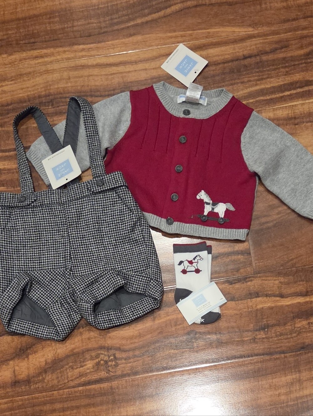 Janie and Jack NWT 0-3 Months Red/Gray Sweater, Houndstooth Shortalls & Socks